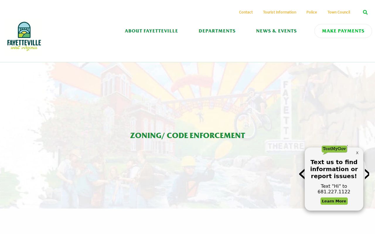 Fayetteville zoning and planning page with town limits, zoning maps, plans, and permit form links