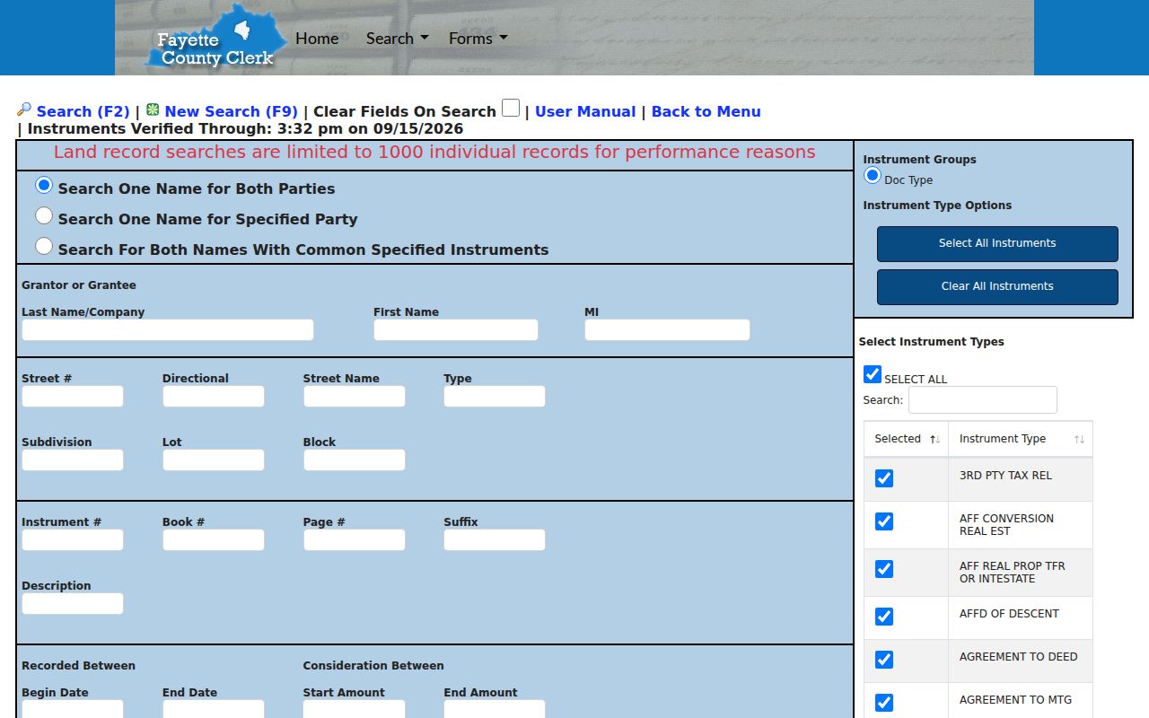 Fayette County property records deed index with grantor, grantee, and instrument fields