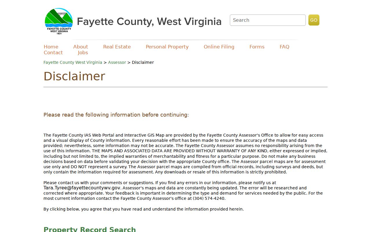 Fayette County property records GIS map disclaimer and parcel viewer links